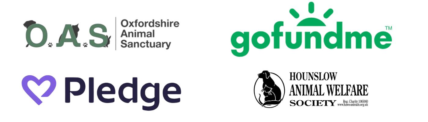 Logos of Oxfordshire Animal Sanctuary, GoFundMe, Pledge and Hounslow Animal Welfare Society
